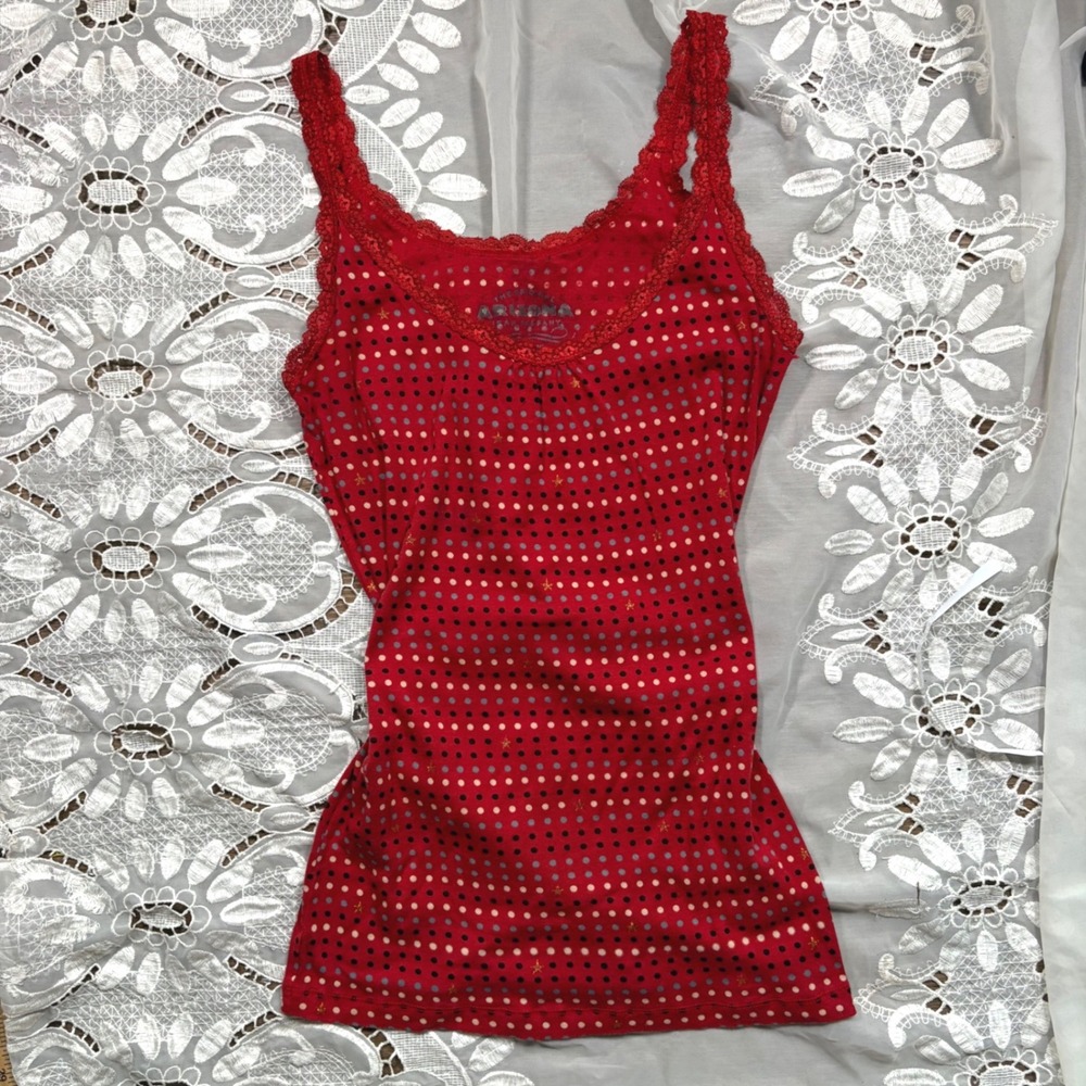 Y2K Arizona Jean Company Red Polka Dot Star Lace Trim Tank Top XL